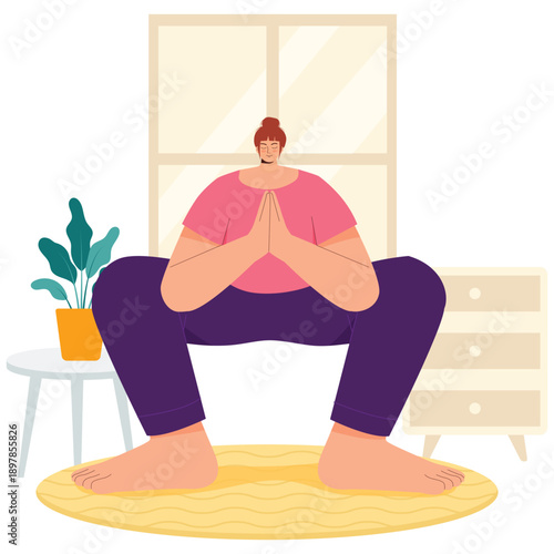 Meditation and Mindfulness Illustration. Vector illustration of Woman doing deep squat yoga pose with prayer hands, focusing on grounding and inner calm. Isolated on background