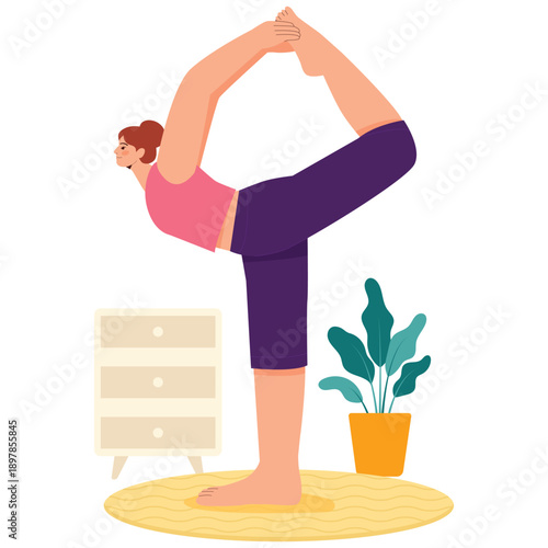 Meditation and Mindfulness Illustration. Vector illustration of Woman doing dancer yoga pose for balance, flexibility, and mindful body control at home. Isolated on background