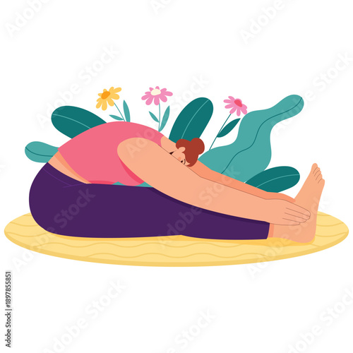 Meditation and Mindfulness Illustration. Vector illustration of Woman performing seated forward bend yoga stretch for relaxation, flexibility, and calm breathing. Isolated on background