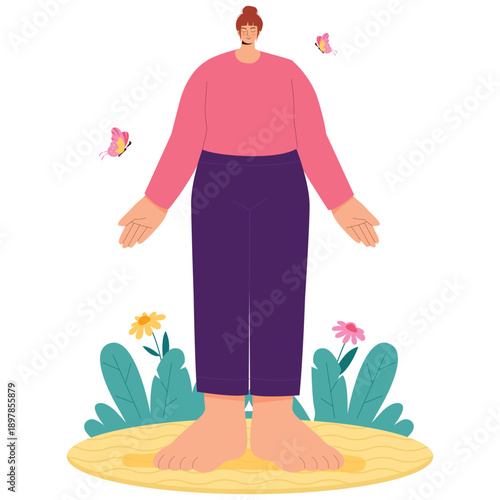 Meditation and Mindfulness Illustration. Vector illustration of Woman standing calmly practicing mindfulness meditation with butterflies and flowers for peace. Isolated on background