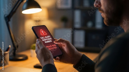 Man receives scam call alert on smartphone at night.