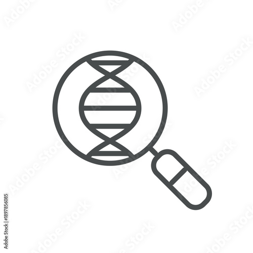 DNA Research Icon. Outline Isolated Pictogram of Magnifying Glass with DNA Helix, Representing Genetic Research, Analysis and Diagnostics. Line Icon for Medical Applications.