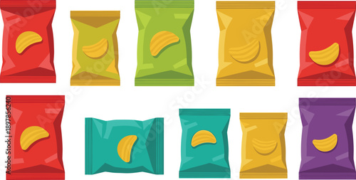 Vector Set of Colorful Potato Chip Snack Bags and Crisp Packets for Food Branding Mockups, Grocery Retail Displays, and Junk Food Advertisement Designs