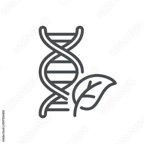GMO Icon. Outline Isolated Pictogram of DNA Helix with Leaf, Representing Genetically Modified Organisms, Biotechnology, and Agricultural Genetic Engineering.