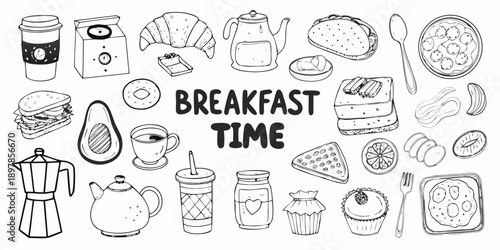 A charming hand drawn illustration of various breakfast items and beverages