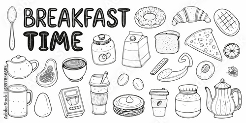 A charming black and white illustration of various breakfast items and drinks