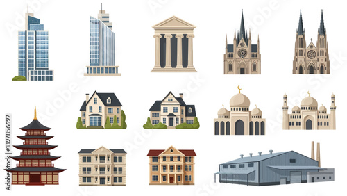 Collection of Various Architectural Building Icons Set Featuring Modern Skyscrapers Classical Temples Gothic Cathedrals Mosques Pagodas Houses and Warehouses.