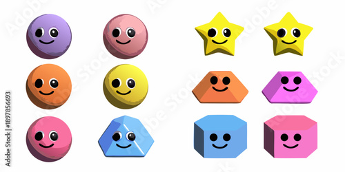 Colorful geometric shapes with smiling faces arranged in a grid pattern