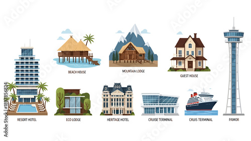 Vector illustration set of various hotel and travel accommodation types including resort, beach house, mountain lodge, guest house, eco lodge, and heritage icon