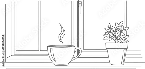 Minimalist line art illustration featuring a steaming hot beverage in a large cup placed beside a potted houseplant upon a bright windowsill overlooking the outside view.