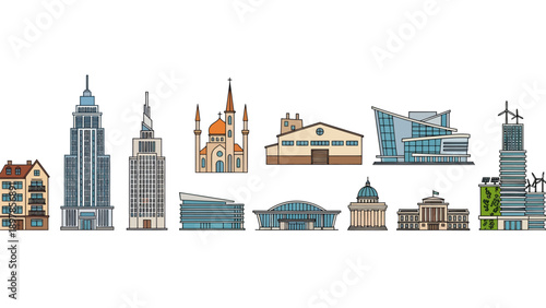 Vector Illustration Set of Diverse Building Icons Featuring Modern Skyscrapers, Historic Church, Industrial Factory, Sustainable Green Architecture, and Landmarks