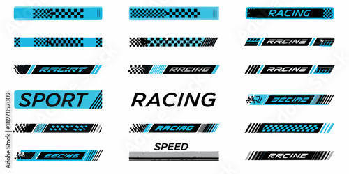 Collection of racing and sport themed banners and labels in blue and black