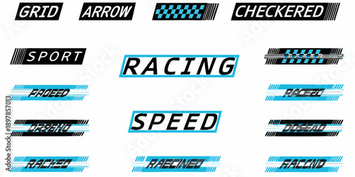 Collection of racing and sport themed typographic designs with checkered flags
