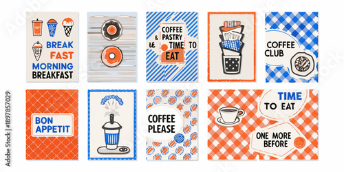Collection of colorful illustrated food and drink themed square cards