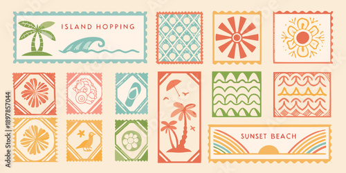 Vintage style island hopping postage stamps with tropical imagery