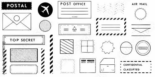 Collection of hand drawn postal stamps envelopes and secret document elements