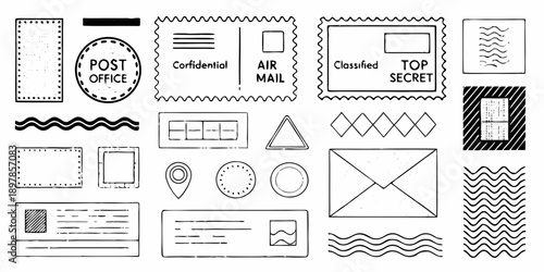 Collection of black and white illustrated postage stamps shapes and envelope designs