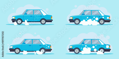 Blue sedan car undergoing a car wash with foaming soap process