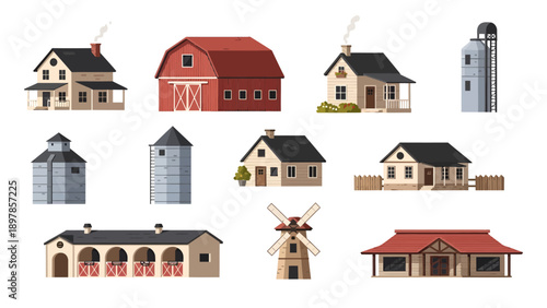 Flat vector illustration of a farm building set featuring a red barn, rustic farmhouse, metal silos, windmill, and stables on a clean white background for web.