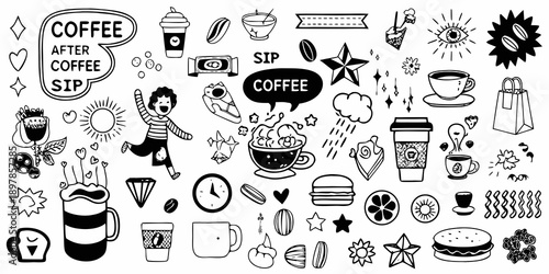 A collection of hand drawn coffee related doodles and illustrations in black and white