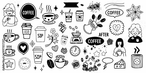 Variety of hand drawn coffee themed doodles and illustrations in black and white