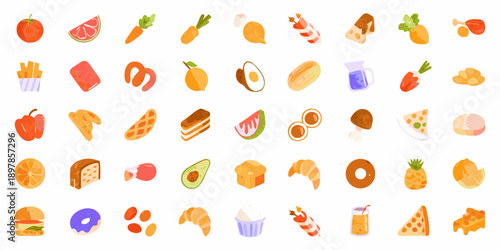 Colorful assortment of various food items displayed in a grid pattern