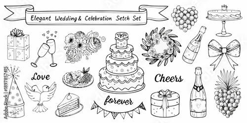 Elegant wedding and celebration sketches cakes champagne and decorative elements