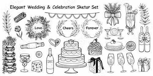 Hand drawn wedding sketches featuring cakes flowers and celebratory elements