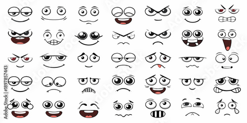 Collection of diverse cartoon faces displaying various emotional expressions