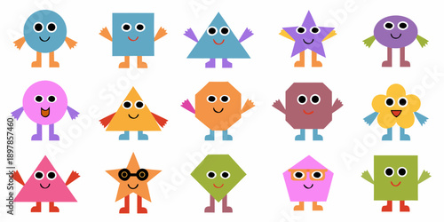 Colorful geometric shapes with smiling faces arranged in a grid pattern