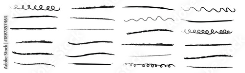 Hand drawn black brush stroke underlines and doodle elements. underline accent, swoosh detail and squiggly sketch mark symbol. vector illustration.