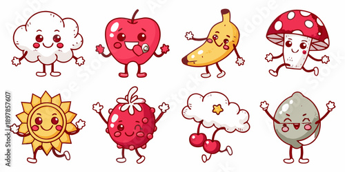 Cute cartoon fruits vegetables and weather elements with smiling faces