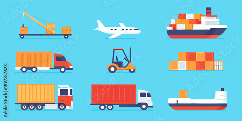 Various modes of transport and cargo containers in a flat design