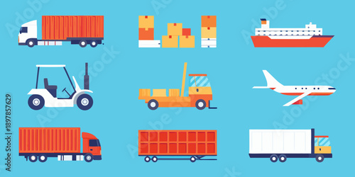 Various modes of transportation and cargo containers illustrated in a flat design