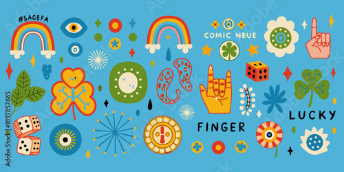 Colorful illustration featuring lucky charms rainbows and whimsical hand gestures