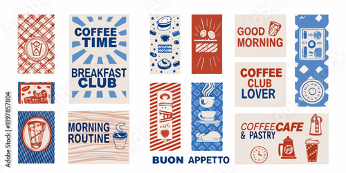 Collection of colorful vintage style labels with coffee and breakfast themes