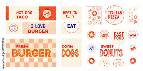 Collection of colorful food themed patches and stickers with text