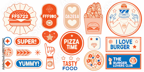 Colorful stickers featuring fast food items and playful typography
