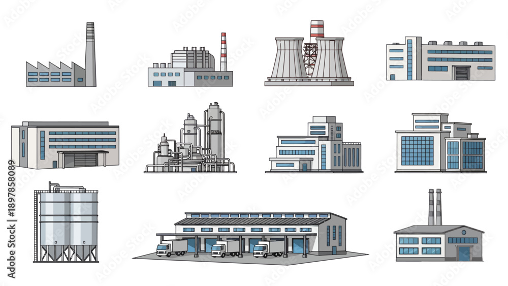 Fototapeta premium Comprehensive collection of industrial building icons featuring power plants, factories, warehouses, and silos. Flat design vector for logistics concepts.