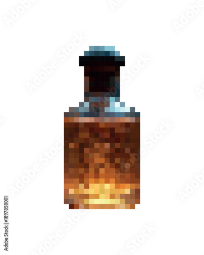 Pixel art icon of a mystical potion bottle with noble amber glow inside, tiny inner flame shining through glass, retro game style magic elixir, warm golden tones, fantasy item for UI or RPG assets.