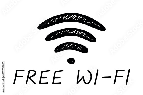 Hand drawn free wifi spot zone sign Public wi-fi area sign Wireless internet clipart in doodle style Single element for print, web, design, decor 3G, 4G, 5G, 6G, IoT