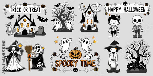 A collection of halloween themed illustrations featuring ghosts houses and characters