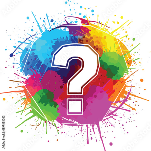 Colorful splash background with vibrant paint splatters surrounding bold white question mark symbol representing curiosity, inquiry, creativity, brainstorming, uncertainty