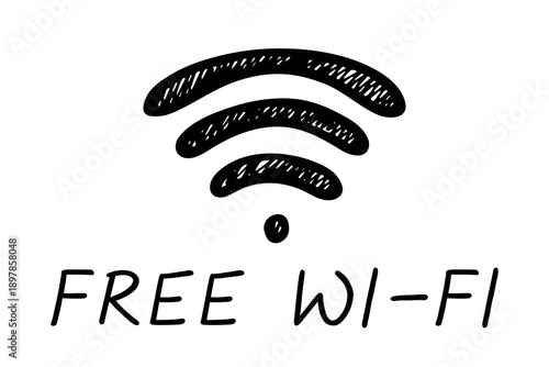 Hand drawn free wifi spot zone sign Public wi-fi area sign Wireless internet clipart in doodle style Single element for print, web, design, decor 3G, 4G, 5G, 6G, IoT