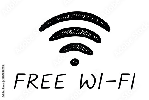 Hand drawn free wifi spot zone sign Public wi-fi area sign Wireless internet clipart in doodle style Single element for print, web, design, decor 3G, 4G, 5G, 6G, IoT
