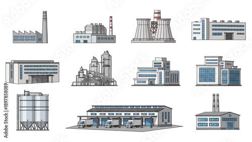 Comprehensive collection of industrial building icons featuring power plants, factories, warehouses, and silos. Flat design vector for logistics concepts.