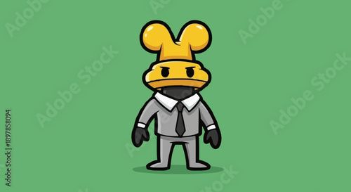 Cartoon character wearing suit and tie with mouse head standing on green background