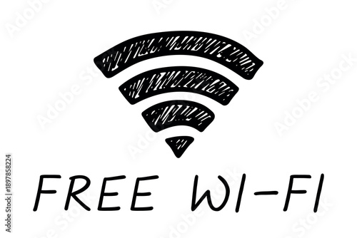 Hand drawn free wifi spot zone sign Public wi-fi area sign Wireless internet clipart in doodle style Single element for print, web, design, decor 3G, 4G, 5G, 6G, IoT
