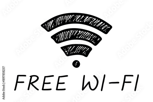 Hand drawn free wifi spot zone sign Public wi-fi area sign Wireless internet clipart in doodle style Single element for print, web, design, decor 3G, 4G, 5G, 6G, IoT