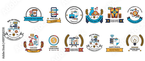 A collection of badges with various icons and symbols